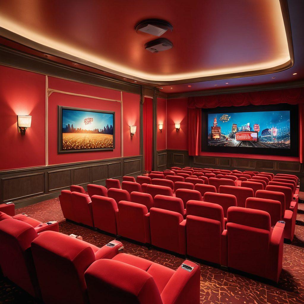A cozy movie theater interior with plush red velvet seats, a large screen displaying an engaging film scene, and scattered popcorn around. Show a diverse group of moviegoers enjoying the experience, highlighting their expressions of excitement and wonder. Capture the warm glow of ambient lighting and nostalgic film posters on the walls. Create a sense of anticipation and immersion in the movie-going culture. super-realistic. vibrant colors. 3D.