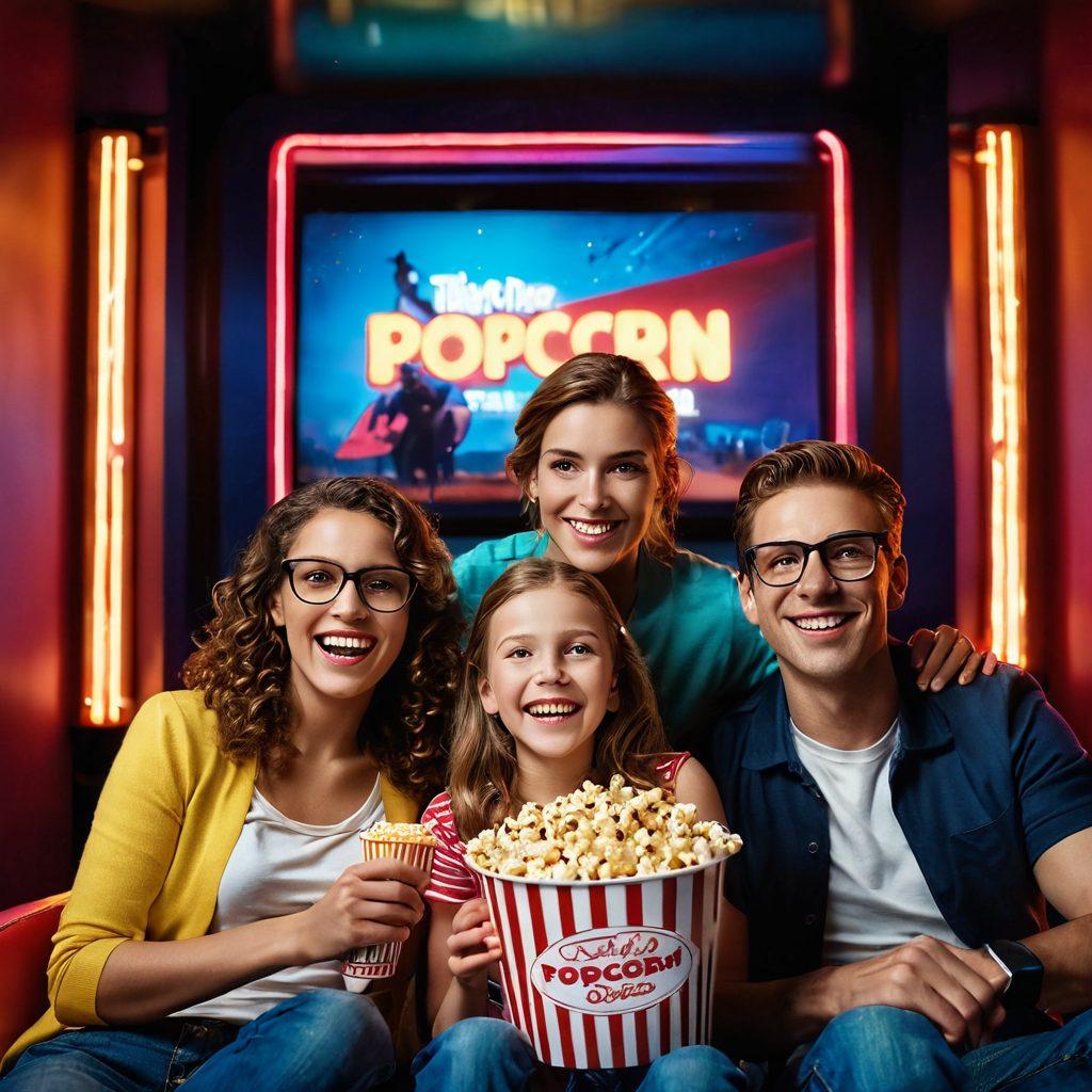 A vibrant cinema scene showing a joyful family enjoying popcorn while watching a film, with a dramatic movie poster in the background featuring iconic cinema moments. Neon lights illuminate the entrance of a modern cinema, inviting viewers in. Include a film reel and director's clapboard subtly integrated into the design. super-realistic. vibrant colors. dynamic composition.