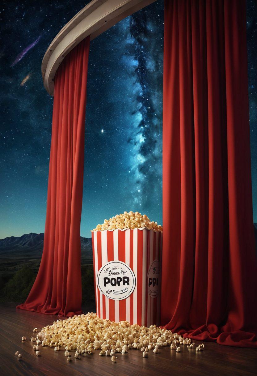 A majestic cinema curtain partially drawn back, revealing a vibrant film reel and a dreamy landscape of film enthusiasts excitedly discussing movies. Include hints of iconic film elements like popcorn, classic movie posters in the background, and a starry night sky. The scene should evoke passion for cinema and community. super-realistic. vibrant colors. cinematic style.